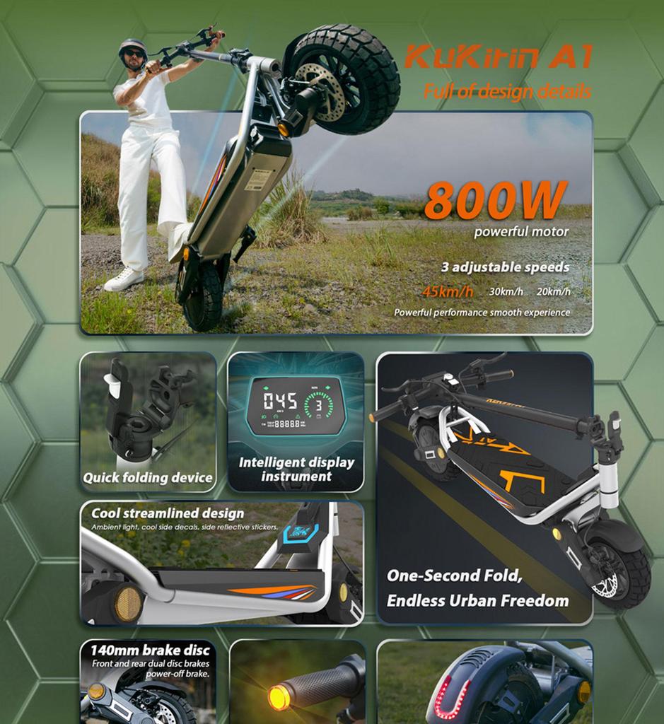 Hulajnoga elektryczna składana Kukirin 10" silnik 800W hulajnoga elektryczna miejska prędkość maksymalna 45 km/h 48V 13AH zasięg 45 km obciążenie 120 kg A1