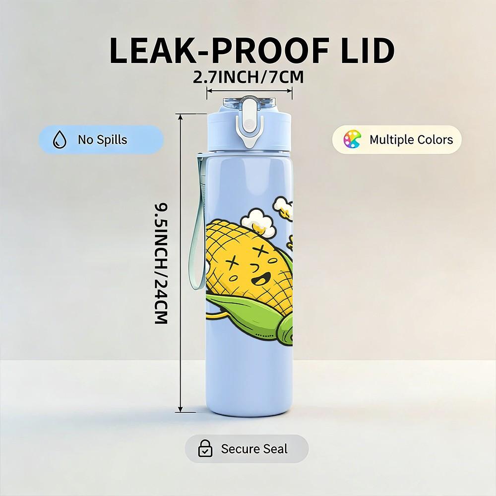 1PC Cartoon Corn Character 750ml Color Plastic Sports Water Bottle Leakproof Flip Straw Lid Suitable for Sports Office Home Use
