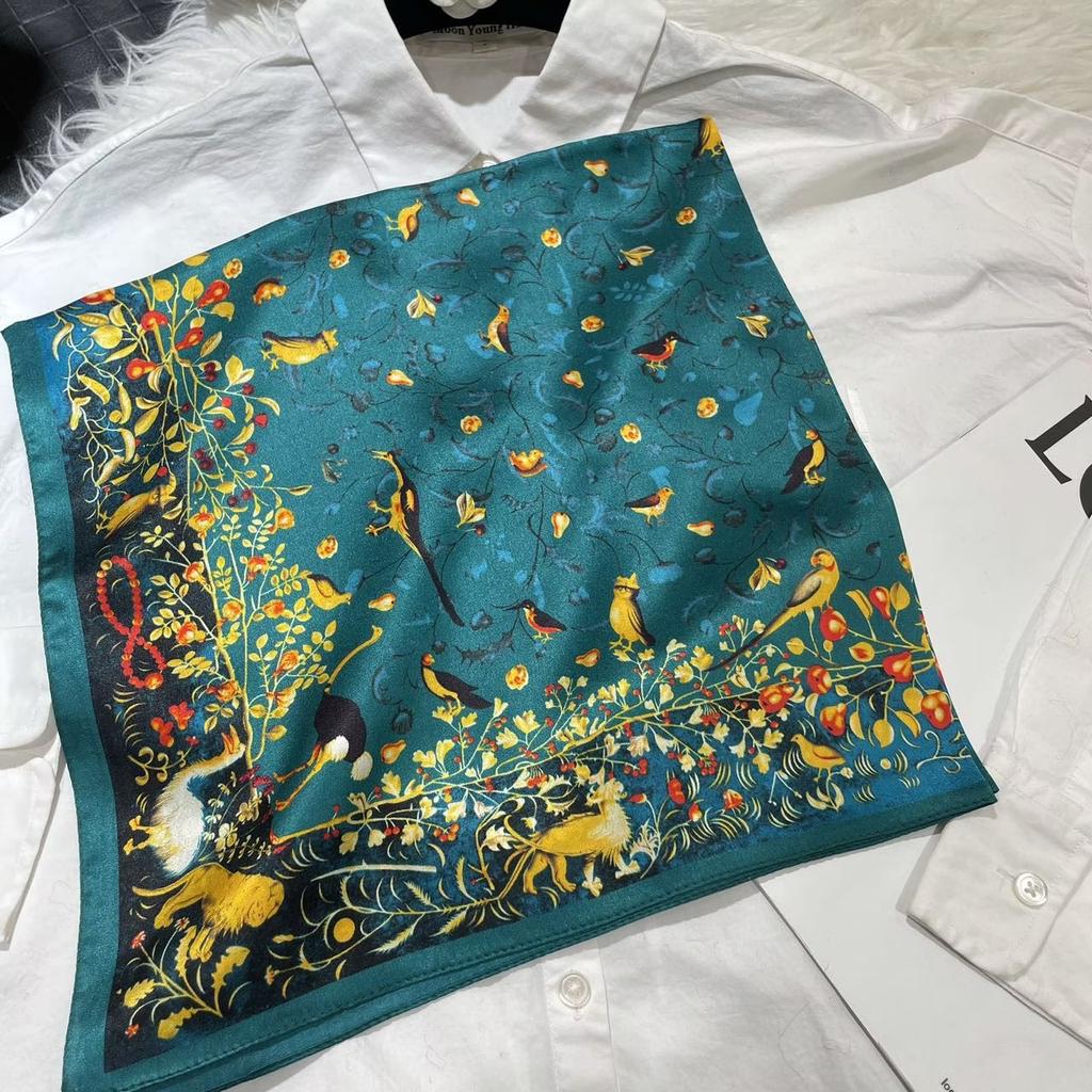 Beige Green Women 100% Silk Scarf Headscarf Fashion Floral Design Square Scarves For Hair 65*65Cm Fashion Neck Scarf Hijab