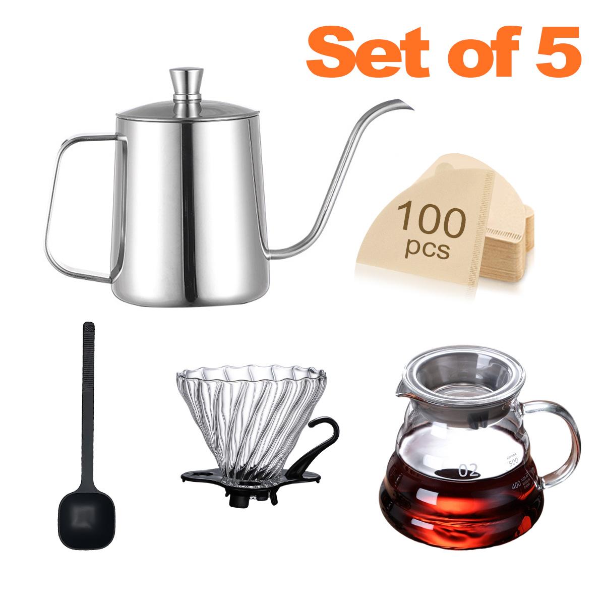 Стеклянный кофейник Leeseph для капельной кофеварки, набор из 5 предметов - Кофейник и графин, Стеклянный конусный дриппер, Кофейная ложка, Бумага серебряный