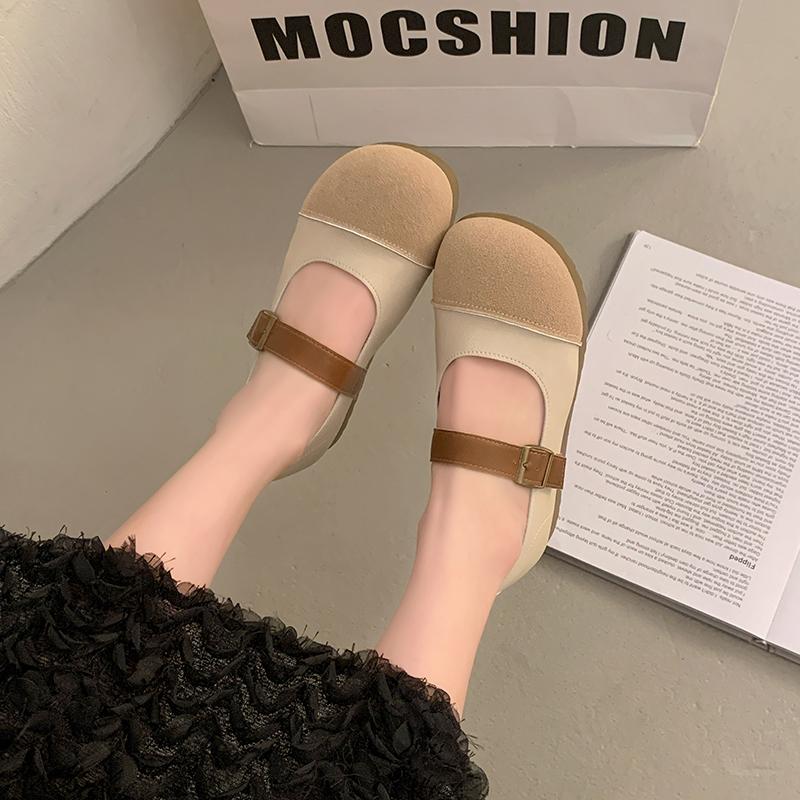 Fashion Women's Fashion Flat Shoes Spring New Round Head Suede Splicing Metal Buckle A Word with Soft Sole Single Shoes