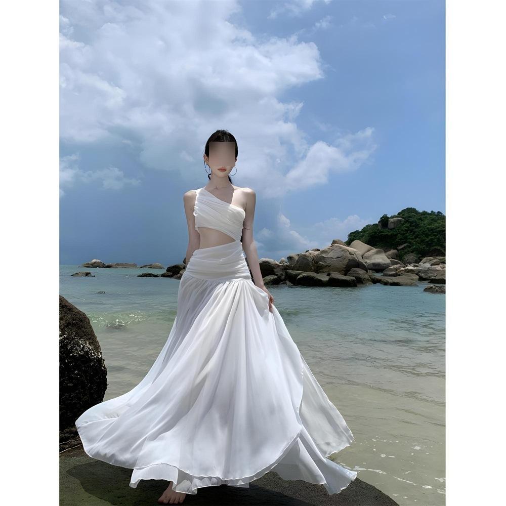 Pure casual design slanted shoulder suspender hollow waist dress seaside vacation atmosphere thin dress