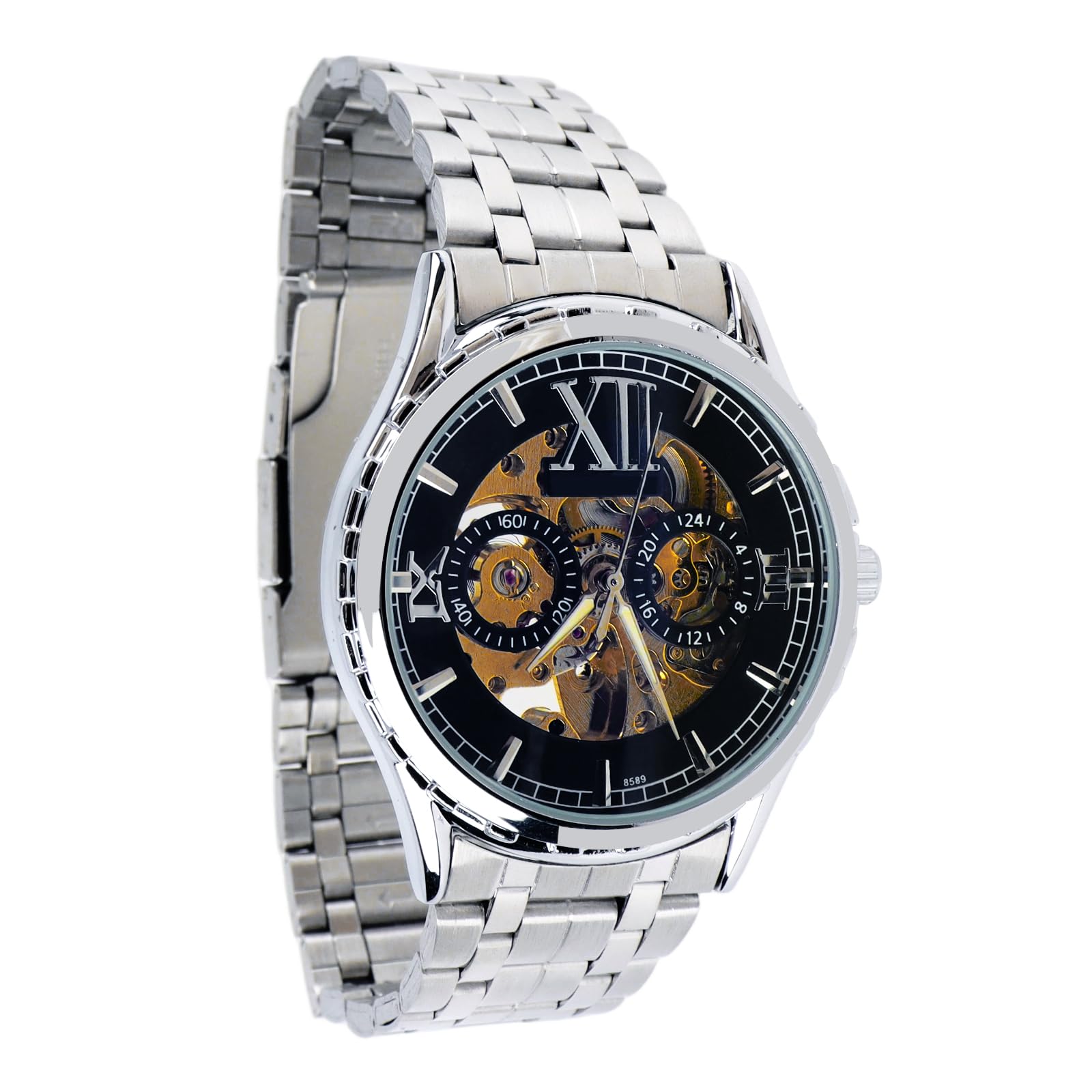 

Автоматические механические часы TeamSky с нержавеющей сталью, римскими цифрами, большим днем, серебристые, мужские, с гравировкой, стальные, водонепроницаемые, с ручным заводом, цифрами, люминесцентные,