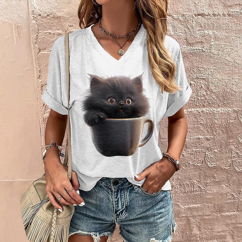 Summer Women's T Shirt Cat Print Casual Short Sleeve 3D T-Shirts Fashion Street Wear V-Neck Pullover Female Oversized Clothing