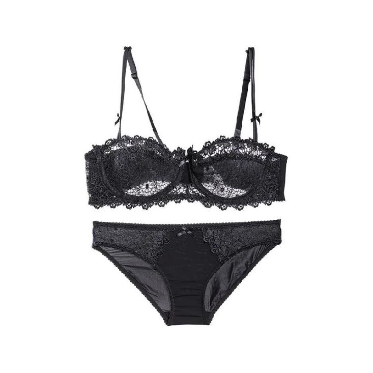 Sexy Lace Bra Set for Women Plus Size Half Cup Sheer Ultra Thin Nipple Concealed Erotic Lingerie Push Up Comfort Underwear Set