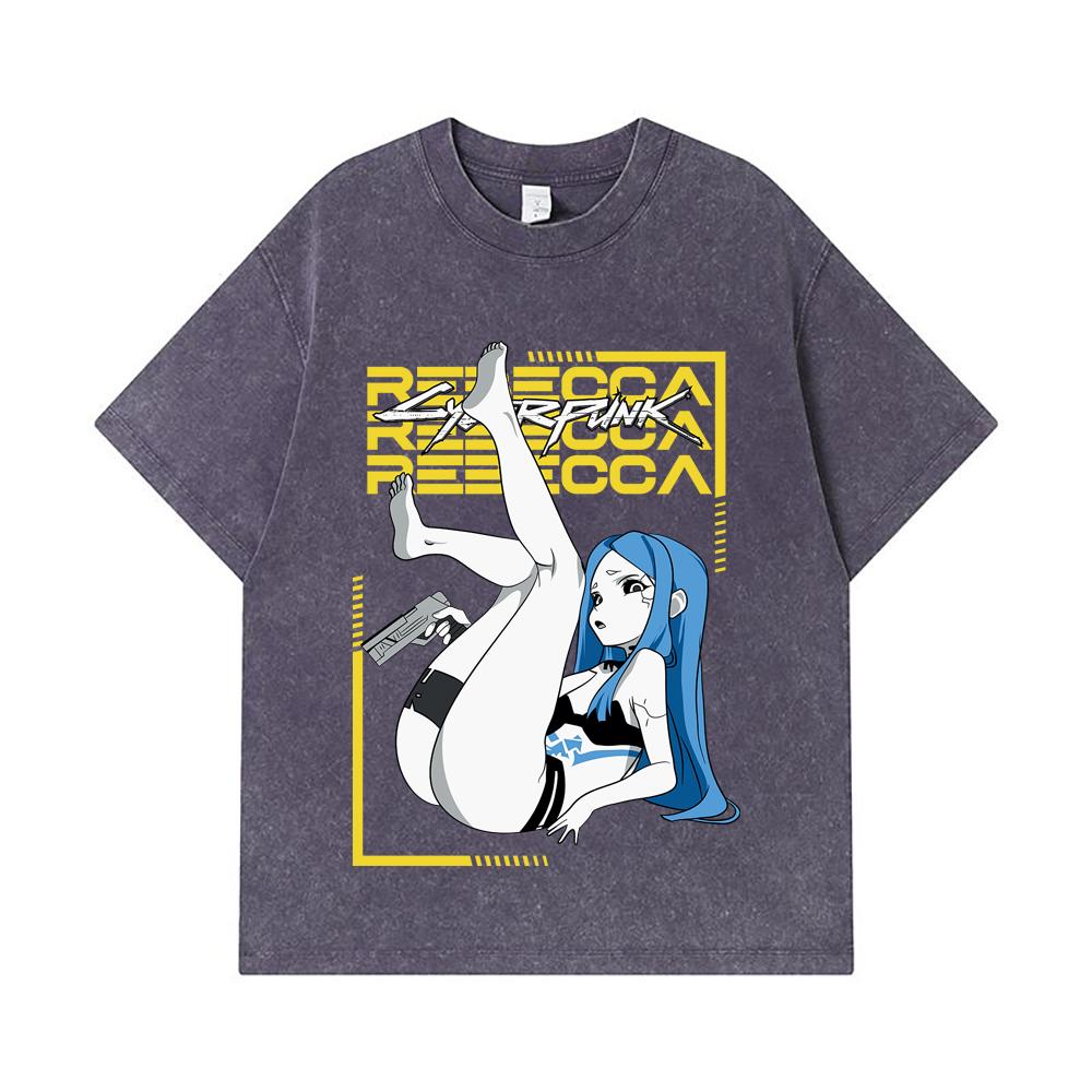 275 GSM Washed T-shirts 100% Cotton Cyberpunk Edgerunners V4 Rebecca Print Unisex Heavy Cotton T Shirt