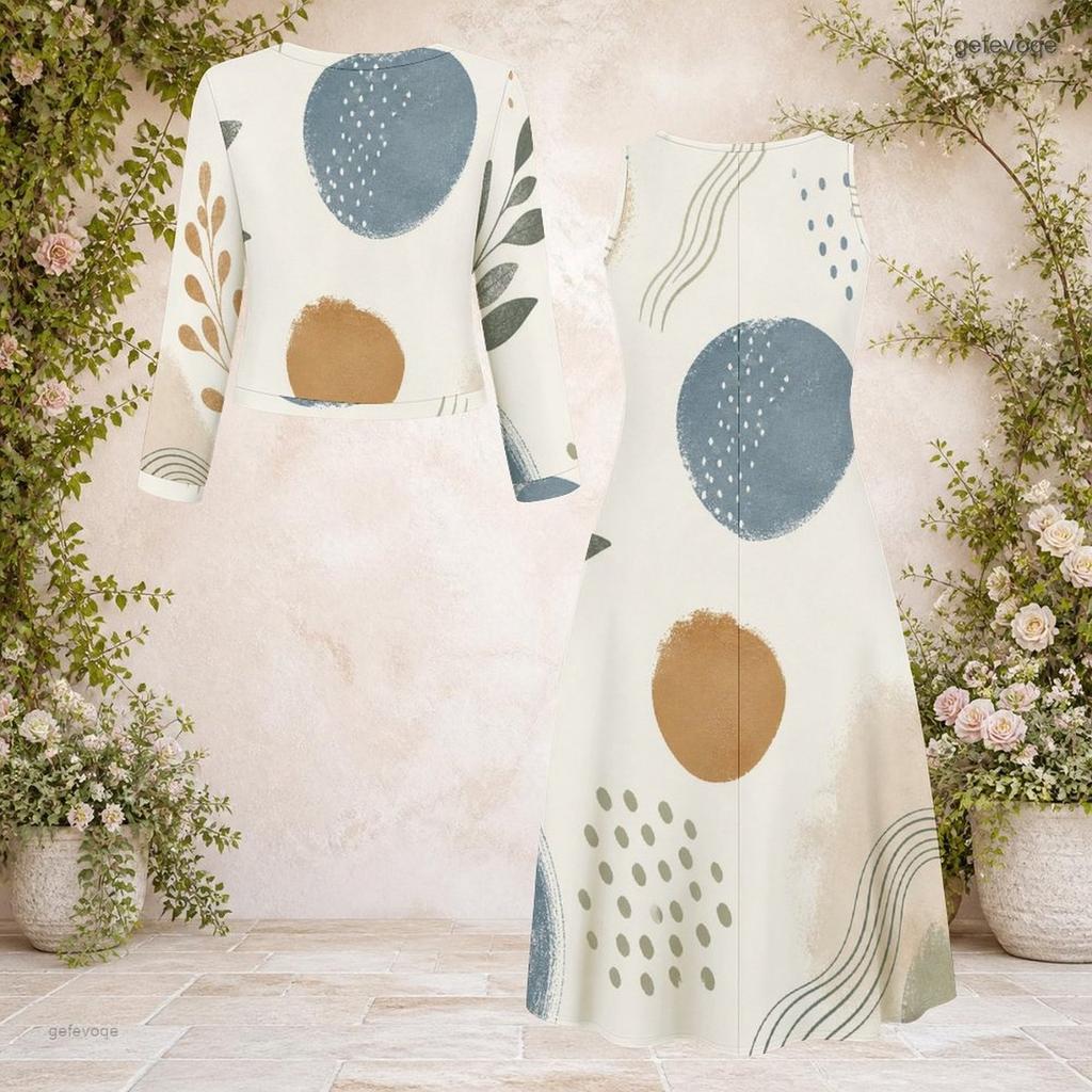 Women Plus Size Printed Round Neck Long Sleeve Cardigan Sleeveless Long Dress Two Piece Set