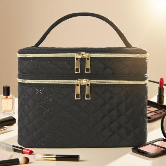 Travel Makeup Case Double Layer Makeup Bag with Handle And Multiple Compartments Cosmetic Organizer Case Portable Toiletry Bag for Women Business Trip