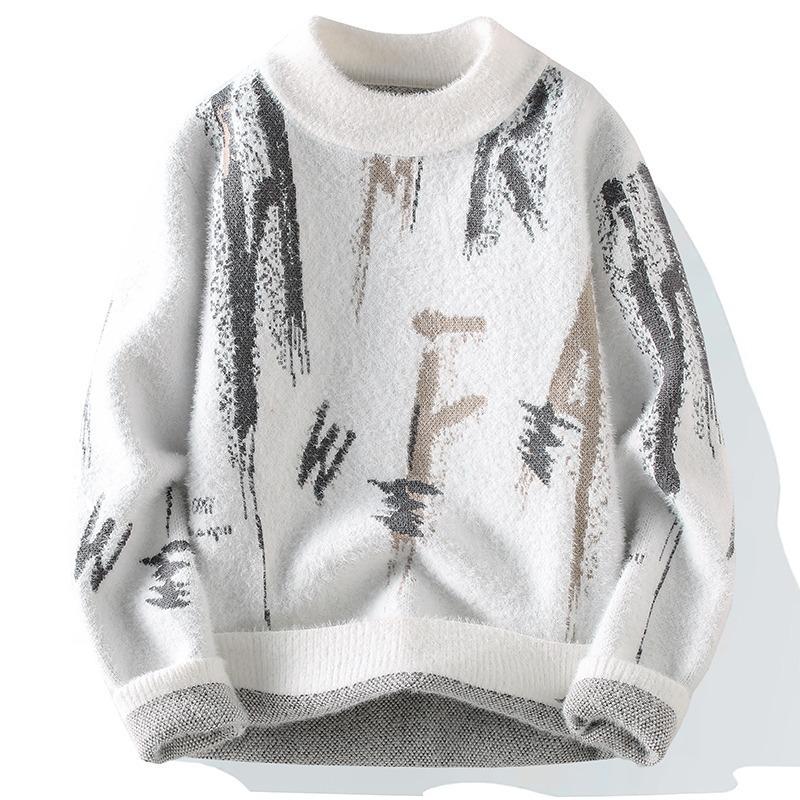 

Men s Classic Velvet-Lined Winter Sweater - Trendy, Warm Knitwear with Half-High Neck 3XL білий