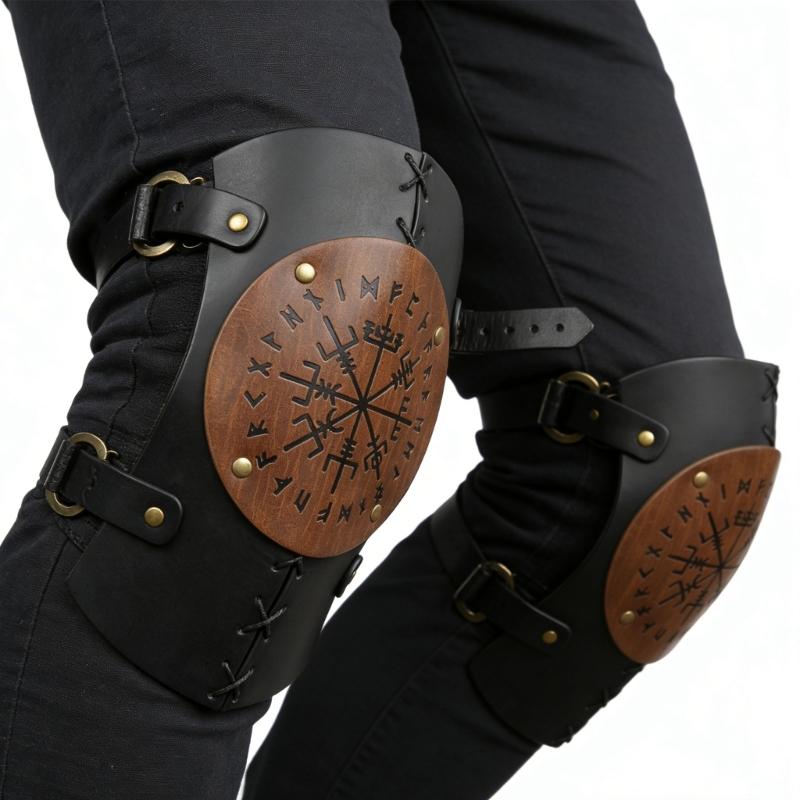 Medieval Knee Armors Nordic Vikinges Knee Brace Leather Embossed Knee Pads Knightes Leg Guards for Halloween Cosplay
