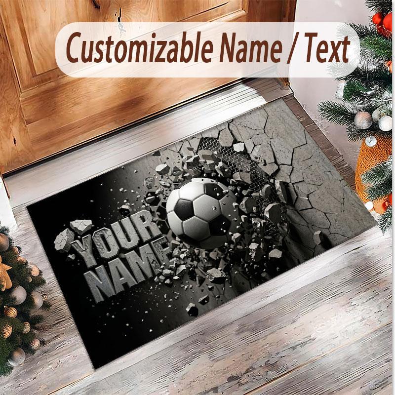 Soccer Theme Soft Crystal Velvet Rug Custom Name & Text Print Non Slip Floor Rug for Bedroom Living Room