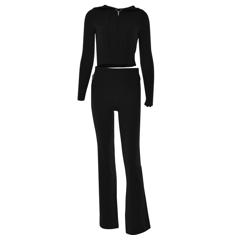 2 New Knitted Hooded Suit Women's Fashion Sexy High Waist Long Sleeve Pants Two-piece Set