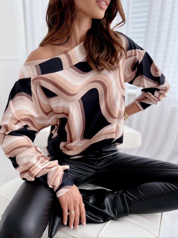 Autumn and Winter Long Sleeves Loose Shoulder Sleeves Leopard Print Top Women's Clothing