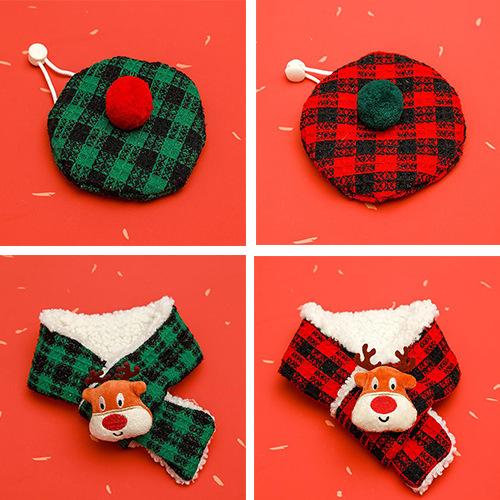 Winter Pet Scarf with 3D Antlers Matching Hat Polyester Xmas Cat Small Dog Plaid Scarf & Hat Warmer Christmas Pet Costume Set