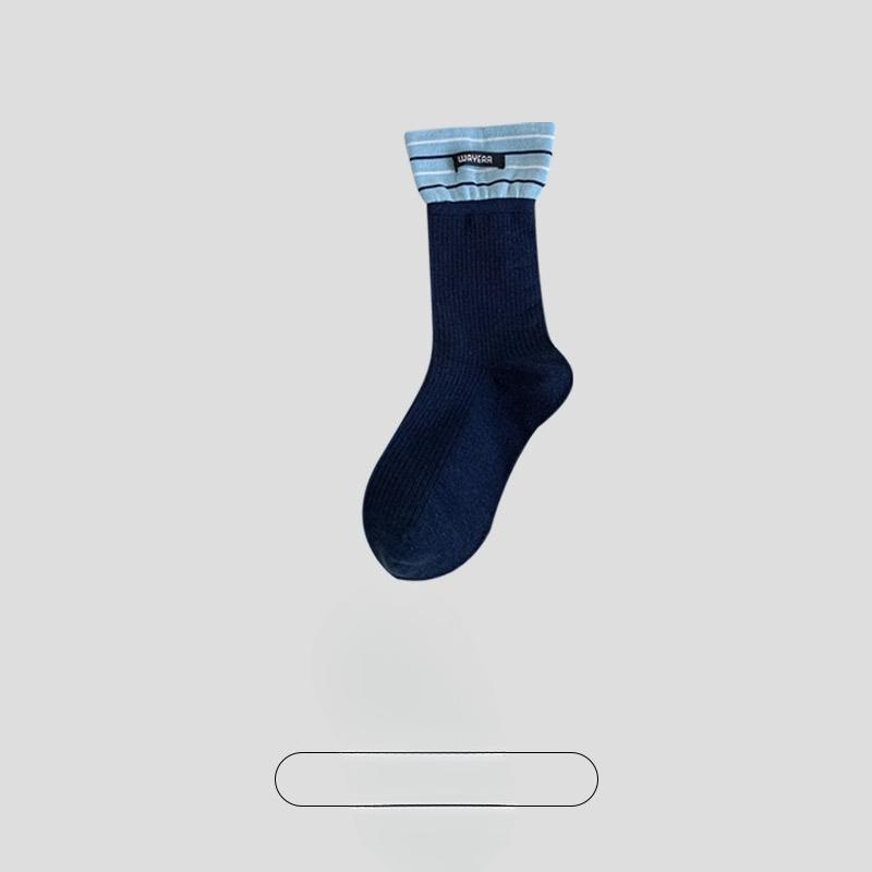 

Female Spring and Autumn Vertical Stripe Cloth Label Lace Boneless Tube Cotton Socks 1 pair темно-синий
