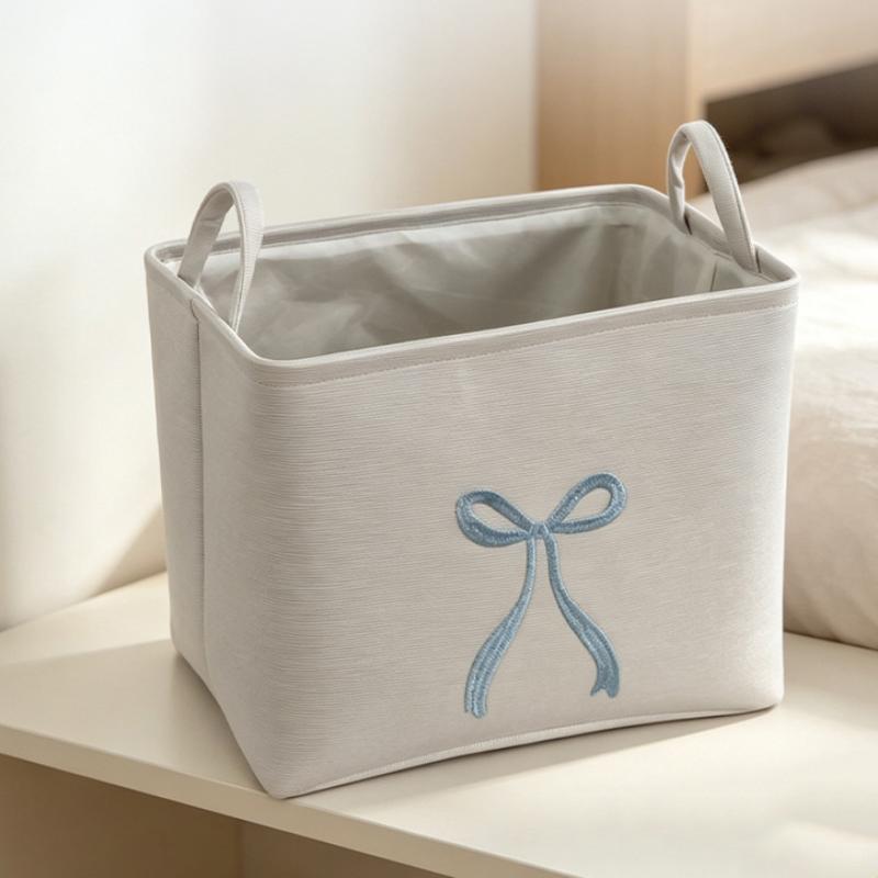 Fabric Storage Basket With Handles Bow Embroidery Foldable EVA Storage Bin Large Capacity Organizer For Home Bedroom Storage
