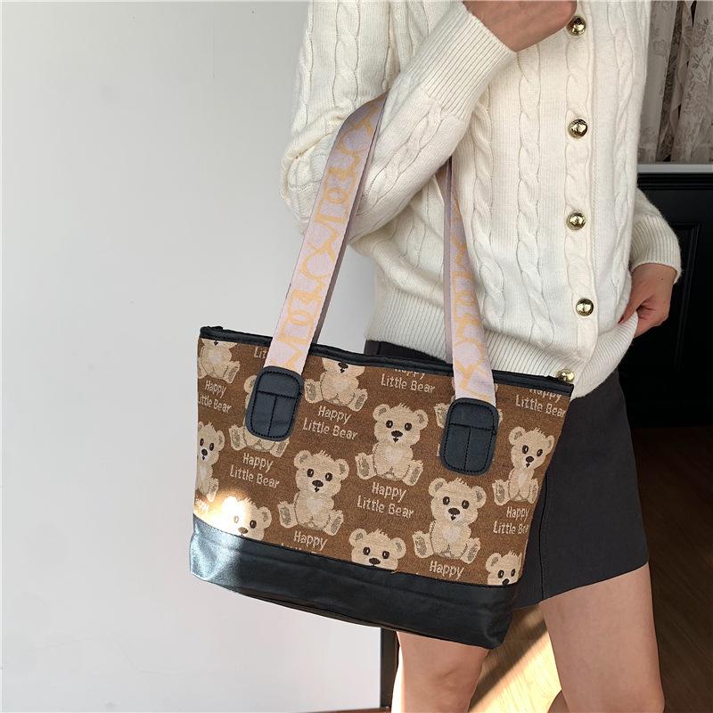 Women's 2025 Fashion Bear Print Canvas Tote - Versatile, Large Capacity Shoulder Bag for Students
