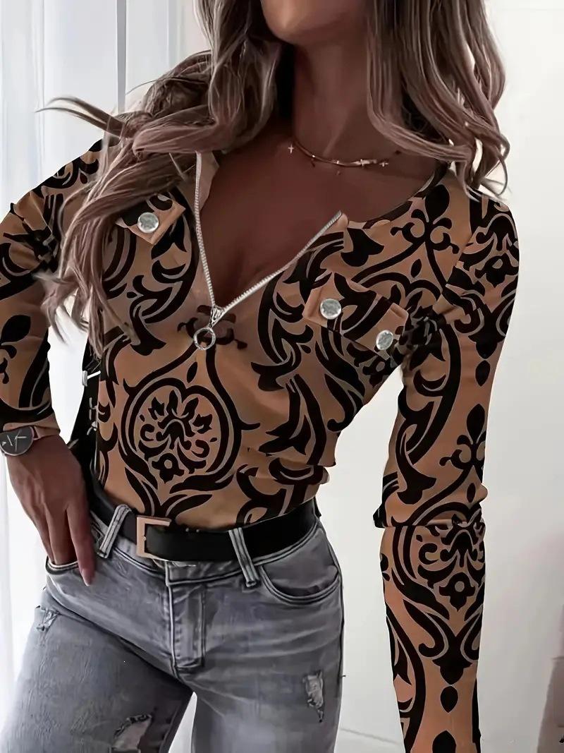 

women s Baroque Print Zipper V Neck Slim Fit Top Long Sleeve Casual T Shirt Blouse S коричневый