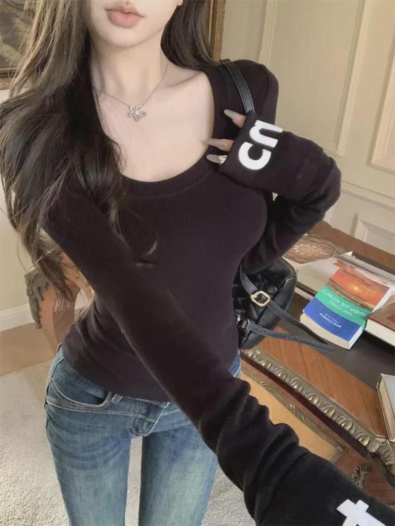 Women's Slim-Fit Velvet Shoulder T-Shirt - Autumn/Winter Long-Sleeve Chic Top