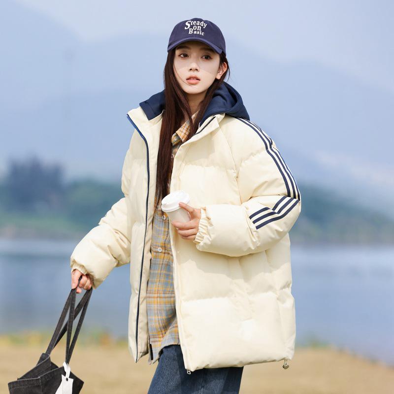 Men's 2025 Winter Casual Hooded Cotton Jacket - Fake Two-Piece Design with Three Stripes, Thick and Warm Padding.