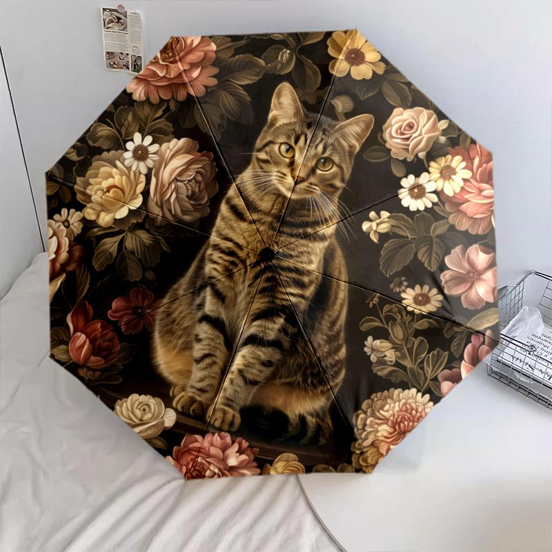 

Cats and Vintage Flowers pattern, automatic folding umbrella, portable and foldable design, 8 ribs, a Christmas or birthday gift.
