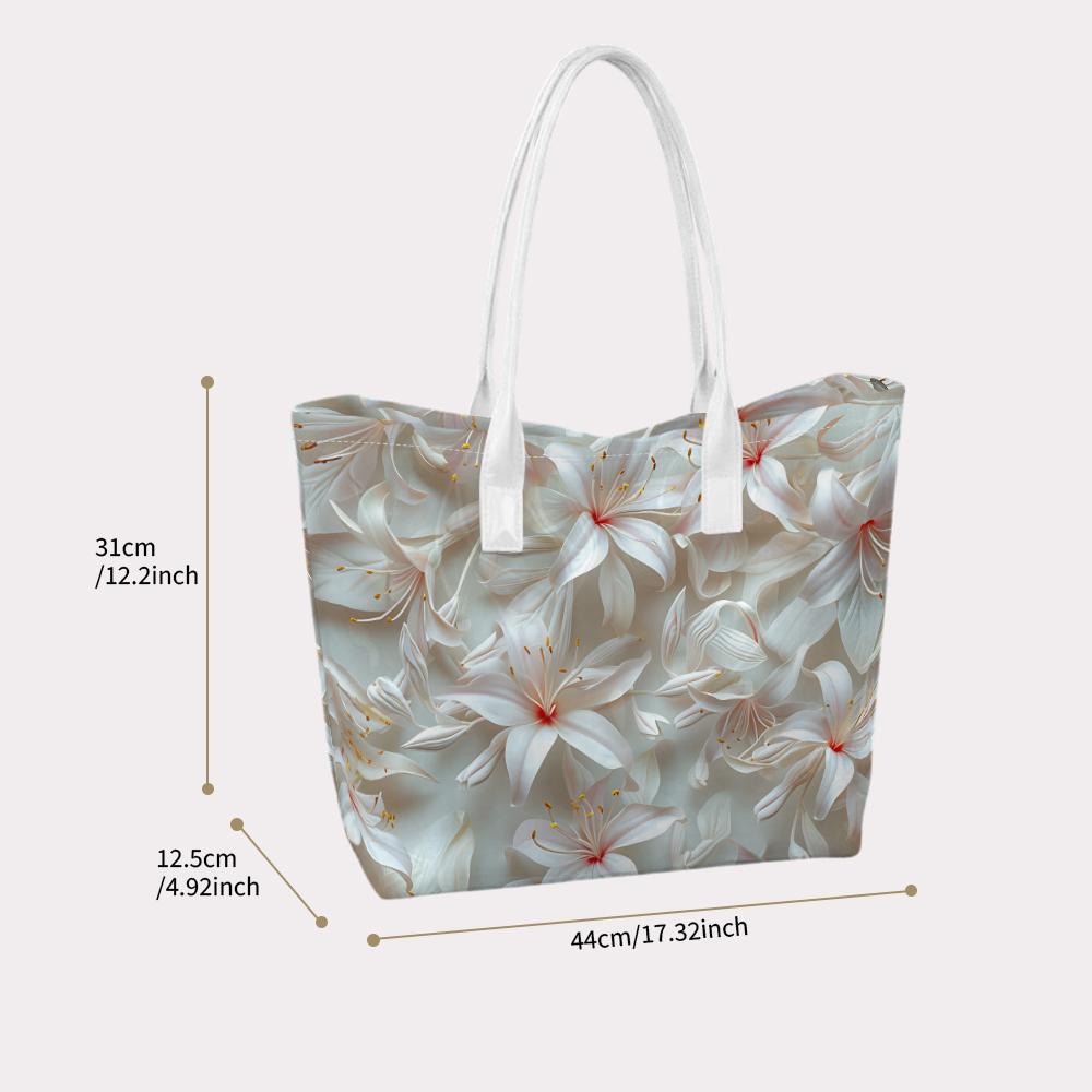 Elegant White Lily Pattern Tote Bag Fashionable Daily Use Portable Shoulder Bag for Women Casual Outdoor Shopping Handbag