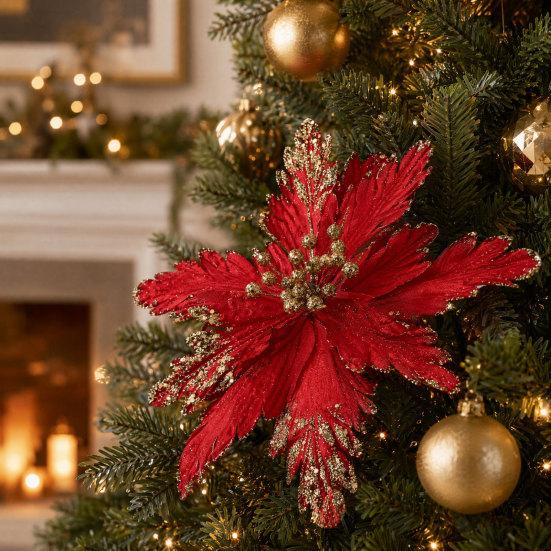 DYS Artificial Flowers with Gold Powder & Beads, Multi-Color Glitter Christmas Flowers, Multi-Layered Fabric Petals, Bendable Stems for Holiday