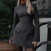 LYRIA Mini šaty bodycon na zip s dlouhým rukávem a kapsou, jednobarevný elegantní outfit, kancelářský streetwear, dámské podzimní zimní oblečení