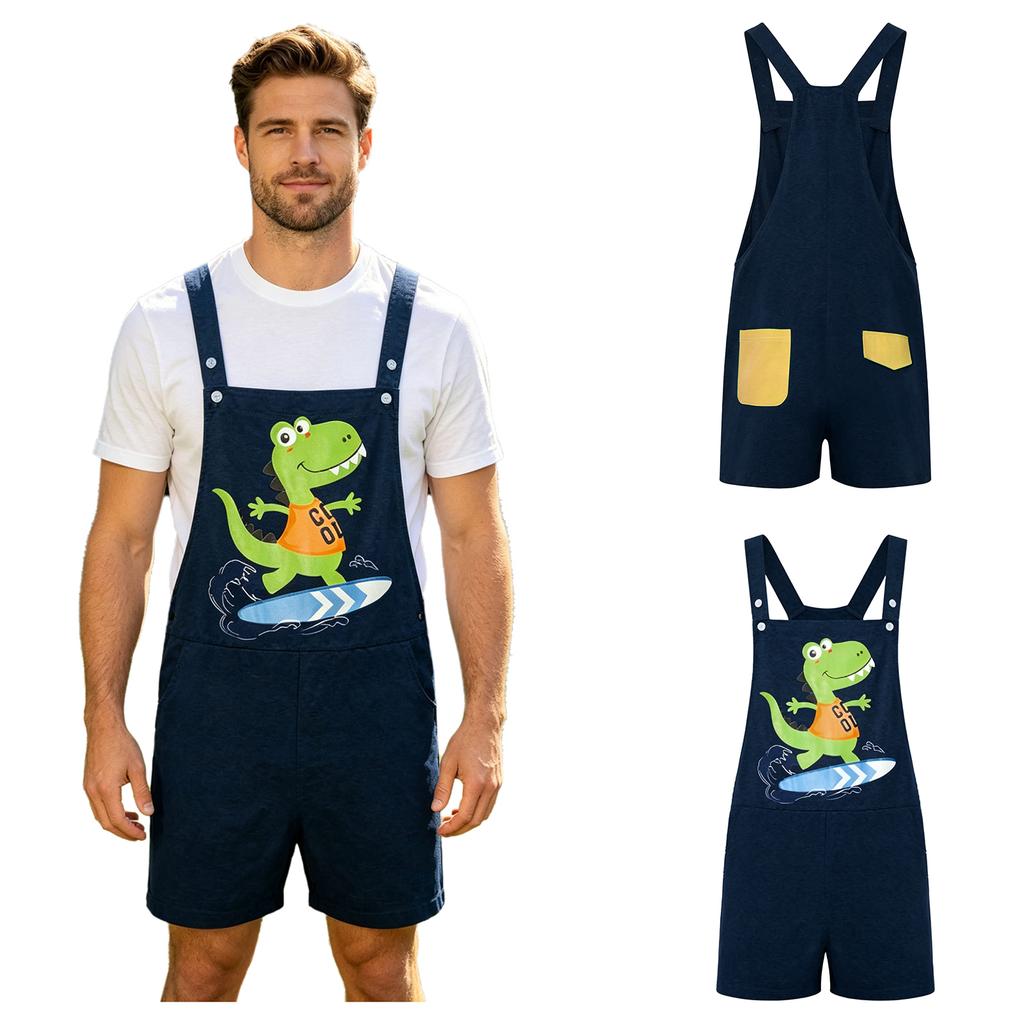 S-XXL Tuta Pigiama da Uomo con Stampa Dinosauro Cartone Animato Colore a Blocchi Posteriore Tasche Spallacci Regolabili Shorts a Salopette Tuta Pigiami