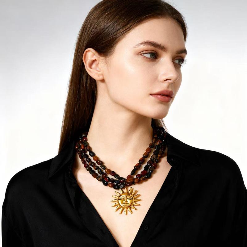 

INS Позолоченное 18K золотом, нержавеющая сталь, подвеска-солнце, камень желтый тигровый глаз, бусина, ручная работа, трехслойное ожерелье, цепь на ключицу для женщин коричневый