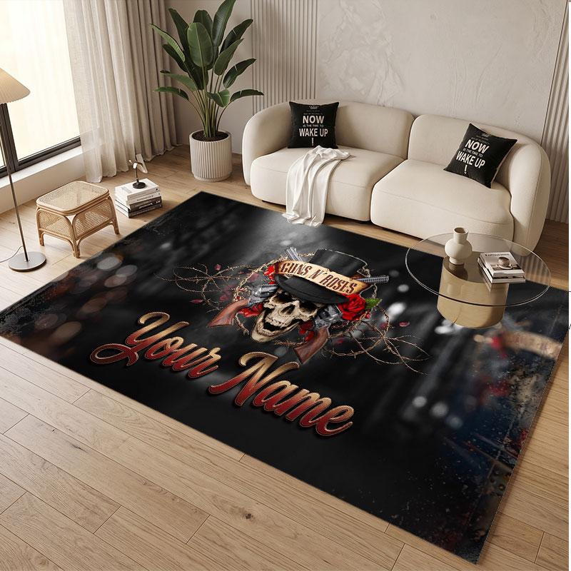 Custom Rug Guns N’ Roses Pattern Print Name Text Soft Non‑Slip Floor Carpet for Home Indoor Decoration