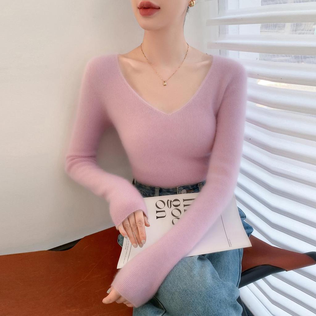Women's V-Neck Cashmere Sweater - Loose Fit, Solid Color, Autumn/Winter Style
