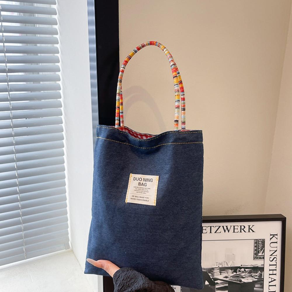 

Retro Denim Shoulder Bag Korean Style Bohemian Messenger Bag Double Sided Plaid Canvas Bag Travel S