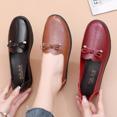 Middle-aged and Elderly Women's Spring and Autumn Shoes Mom's Comfortable Soft Sole Slip On Shoes Flat Bowknot Loafers