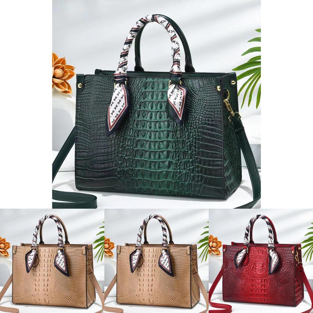Pu Crocodile Pattern Tote Bag For Women With Zipper Closure And Multiple Pockets