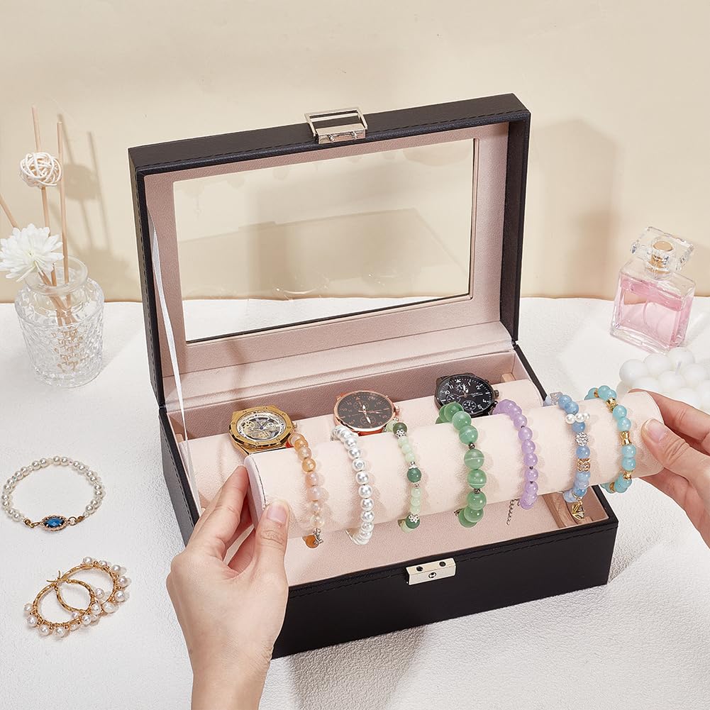 UNICRAFTALE Bracelet Holder Display Stand Leather Bracelet Box 10.2x7.2x3.8 Inches 26x18.3x9.7 Cm Watch Organizer Display Case Visible Window Lid