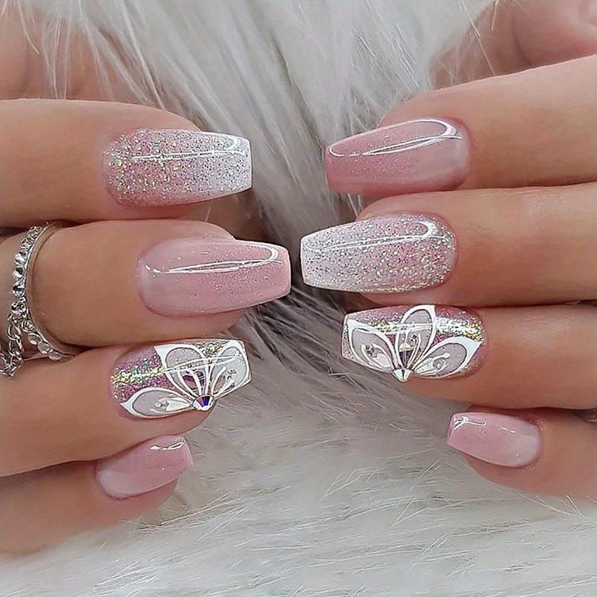 

24 шт./набор пружинных накладных ногтей, накладные ногти Coffin, короткие накладные ногти, акриловые ногти Nude Ballerina, блестящие, глянцевые, розоватые, градиентные накладные ногти Pink Flower Rhinestone