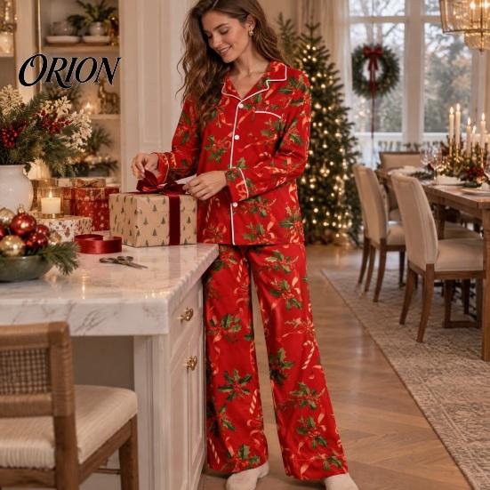 Breathable Pajamas 2Pcs/Set Women Christmas Pajama Set, Long Sleeve Button Down Shirt Soft Loungewear Gift Wide Leg Pants Cute Xmas Print Sleepwear