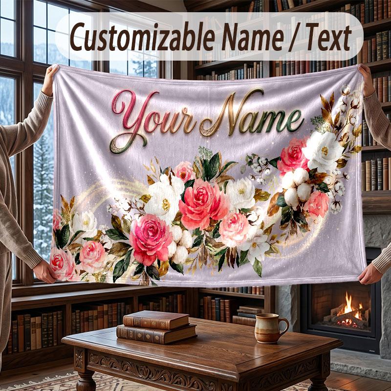 Floral Garden Theme Throw Blanket Custom Name Text Personalized Blanket Soft Cozy Blanket for Home Sofa Bed