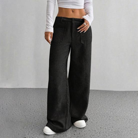 Women Pants Button Zipper Closure Straight Wide Leg Trousers with Pockets Solid Color Loose Fit Lounge Pants Daily Wear