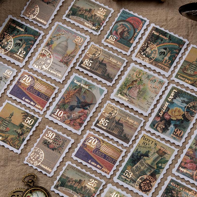 6style 30 Pcs Travel Philatelic Stamp Decorative Gold Stickers DIY Scrapbook Label Diary Stationery Album Journal Sticker