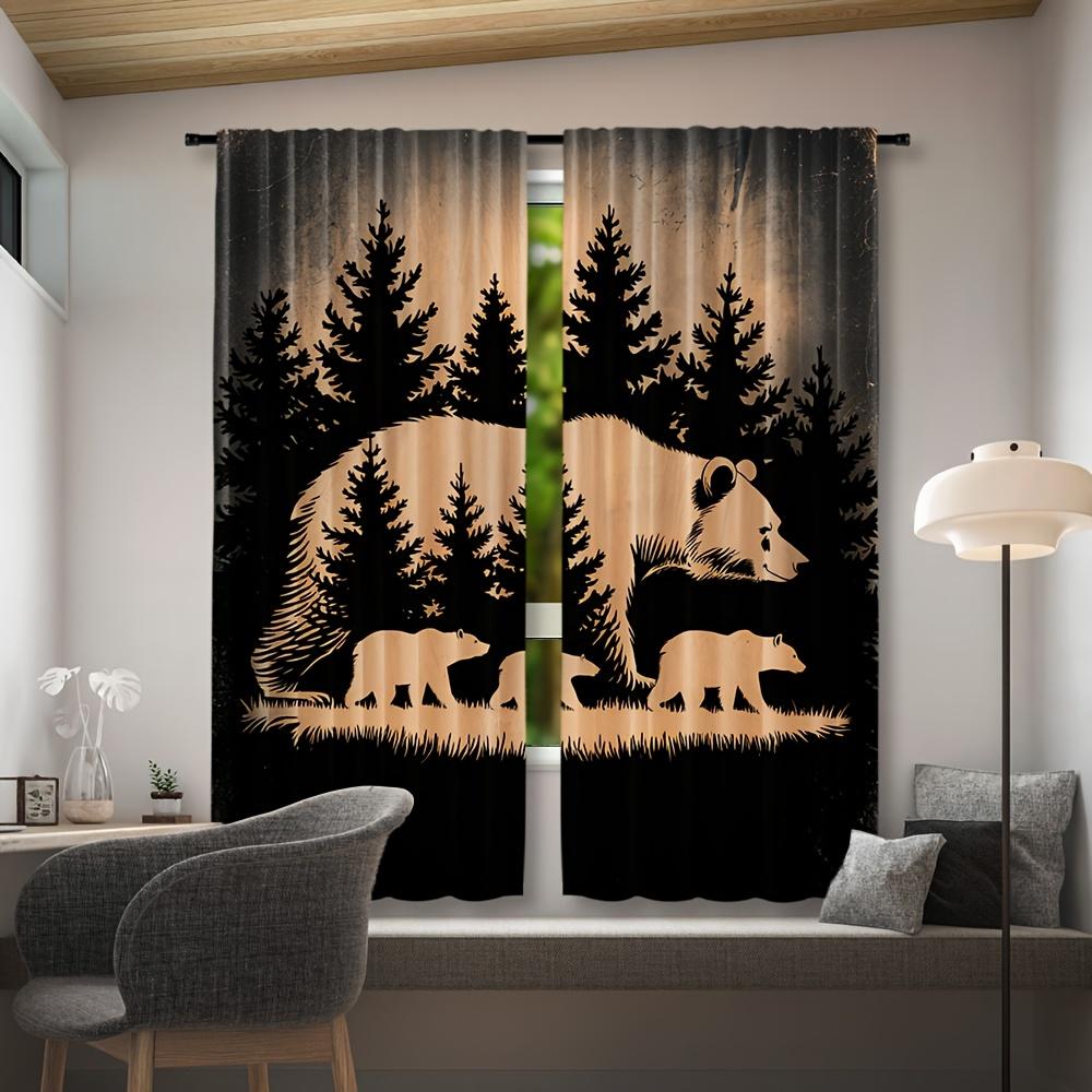 2pcs Black Bear Family Forest Scene Semi-Sheer Curtains   Contemporary Woven Polyester Pongee for Bedroom   All-Season Decorative
