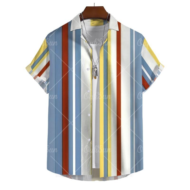 Hawaiianische Herren-Streifenshirts Für Bluse Herren Camisa Social Kurzarm Lässiges Oberteil Übergröße Fitnessstudio Kleidung Mode Herren Vintage
