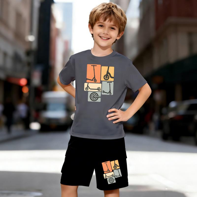 Boys 2 Piece Scooter Themed Printed T-shirt Outfit, Short Sleeve T-Shirt and Shorts Set for Kids Age 5-14,Black and White Sporty Casual Summer Clothes