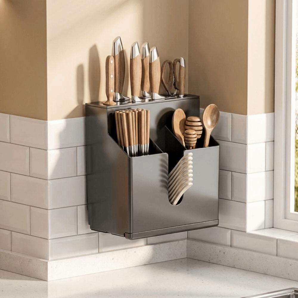 Wall Mounted Integrated Cutlery Holder No Drill Cutter Holder Tableware Organizer  for Storing