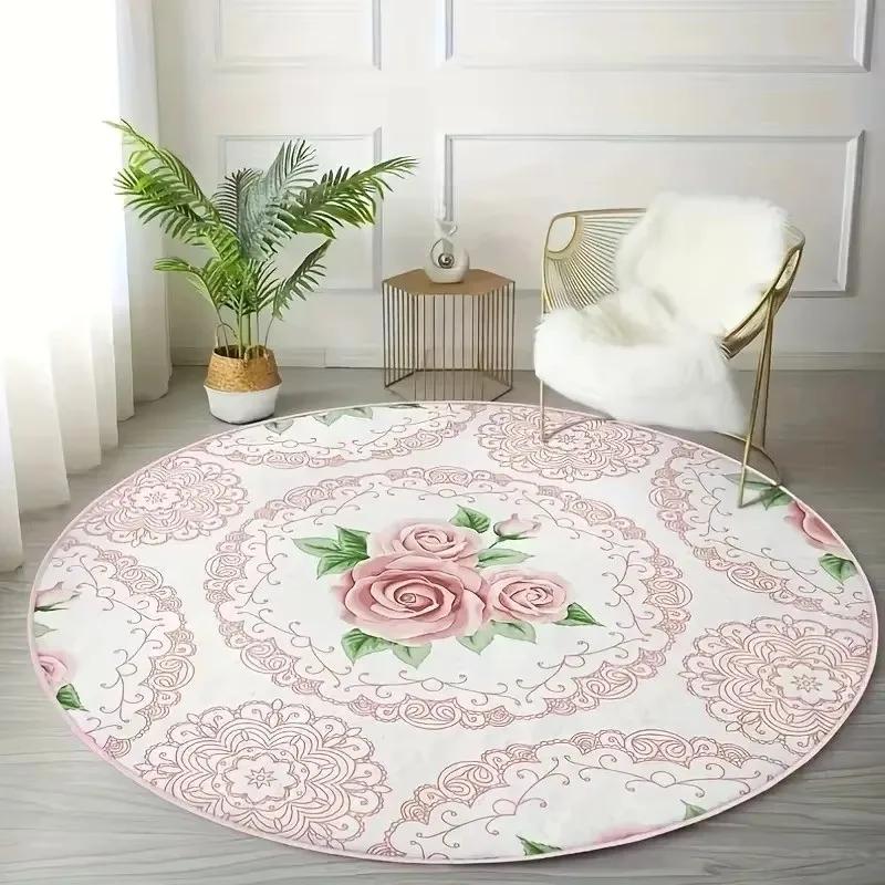 Princess Floral Pattern Round Carpet for Living Room Bedroom Mat Easy To Clean Festive Atmosphere Decorated Home Decorative Rug
