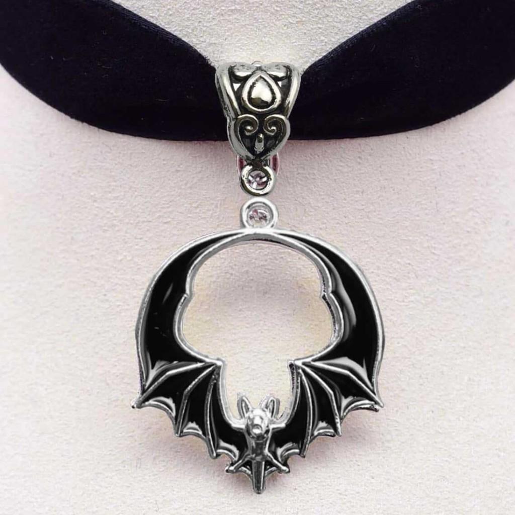 Gothic Silver Bat Pendant Necklace With Cross Chain For Vampire Role Play