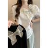 Ladies Butterfly Bow Decorative T-shirts French Style Women's Solid Color Square Neck Tops Summer Casual Breathable Female Tees