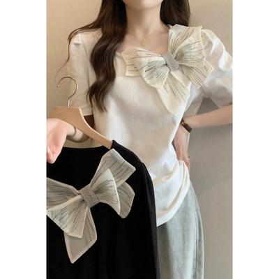 Ladies Butterfly Bow Decorative T-shirts French Style Women's Solid Color Square Neck Tops Summer Casual Breathable Female Tees
