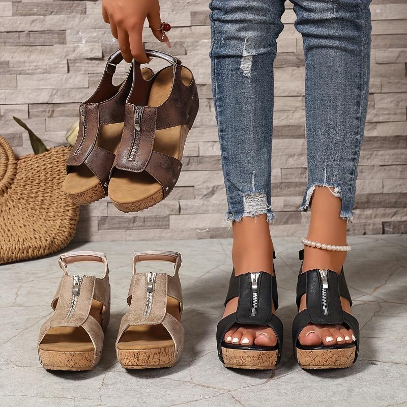 Retro Wedge Sandals - Open Toe, Zipper Closure, Faux Cover Platform Heels In Brown & Black, Comfortable Casual Summer Vacation Style, Ladies Sandals